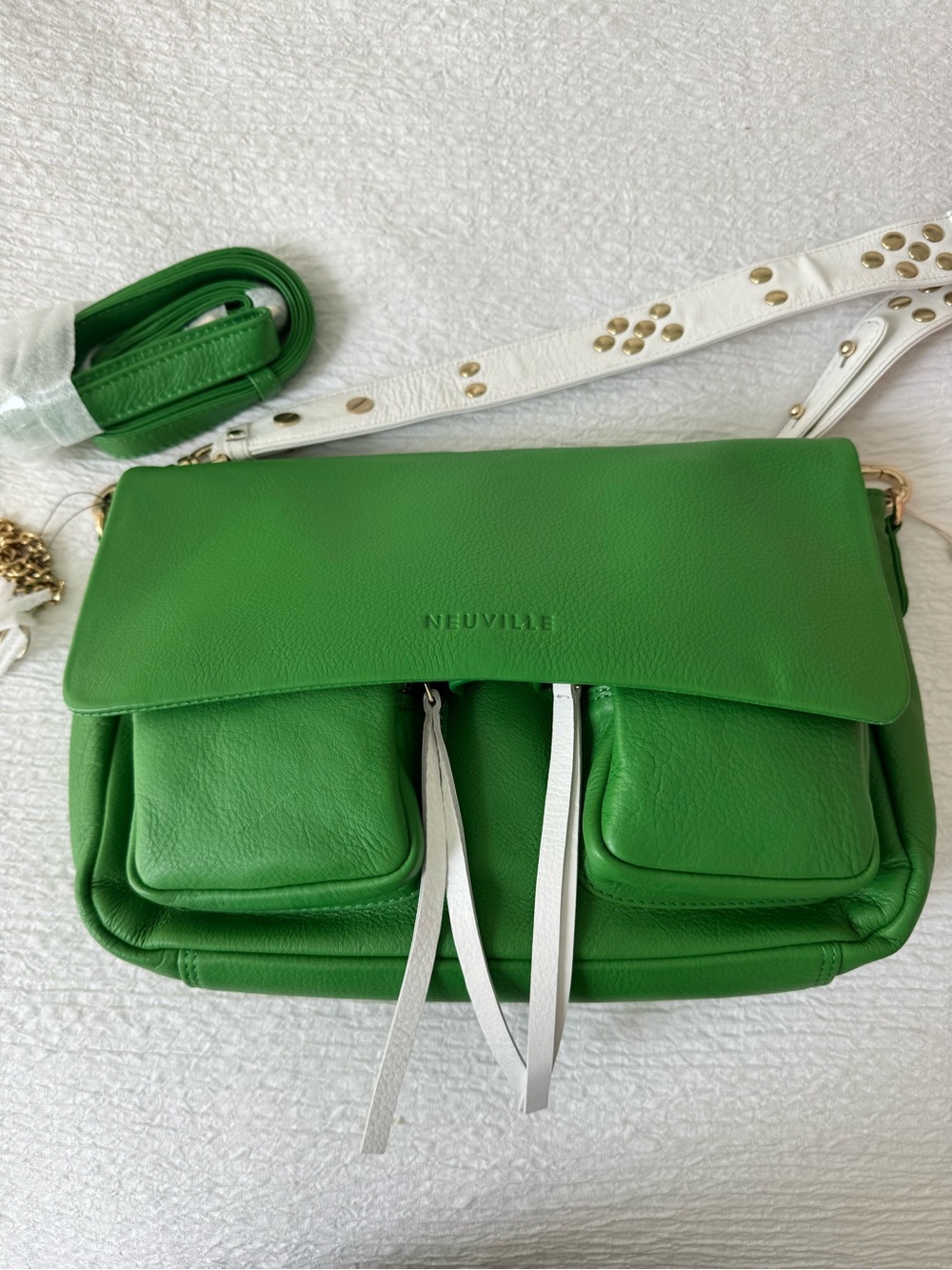 Neuville Green Leather Crossbody Bag with White Studded Shoulder Strap. NWT